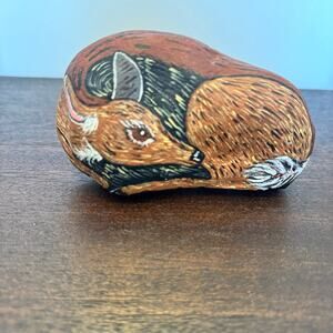 VTG Deer Rock Hand Painted Fawn Doe Wildlife Stone Decor 5" Artist Signed 1999